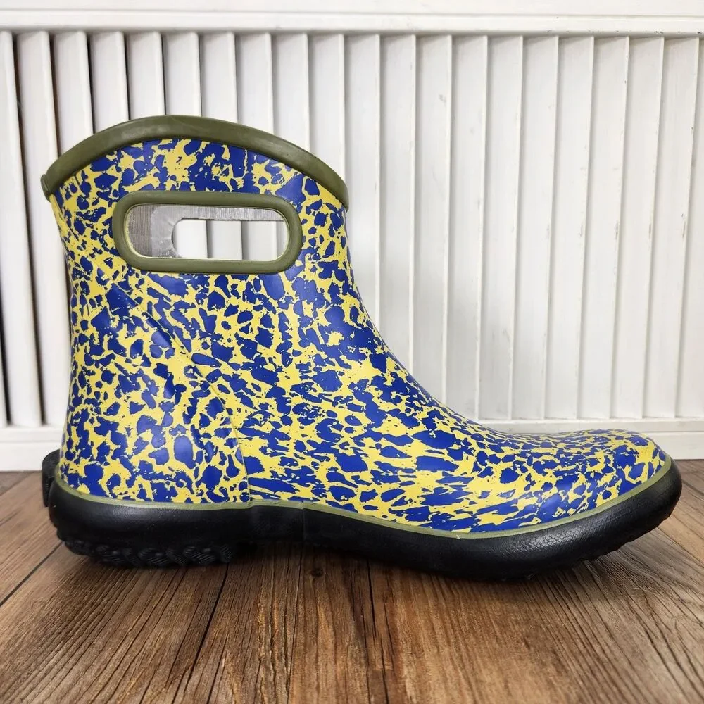 Bogs Patch Rain Boots Womens Sz 10 Blue Yellow Spot Splatter Rubber Ankle Garden